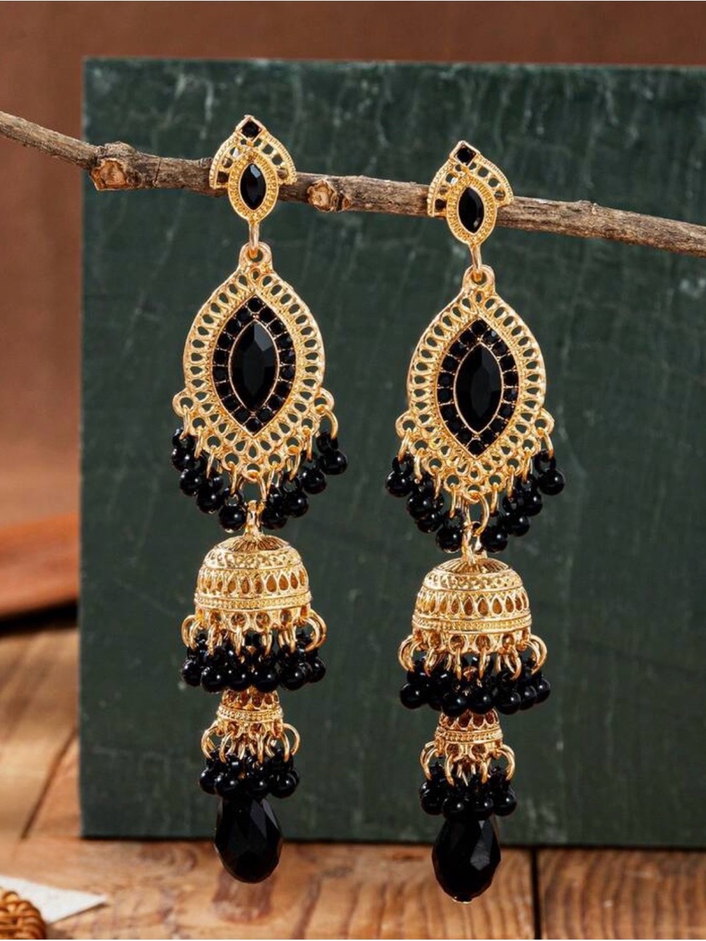 Gold and Black Jhumka Earrings - Elegant Women's Drop Jewelry